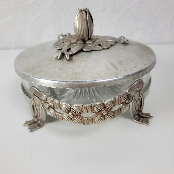 Vintage Rodney Kent Divided Glass Dish Hand Wrought Aluminum Floral Tulip Cover - Picture 15 of 16